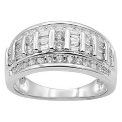 TJD 1.0 Carat Round and Baguette Diamond 14 Karat White Gold Wedding Band Ring