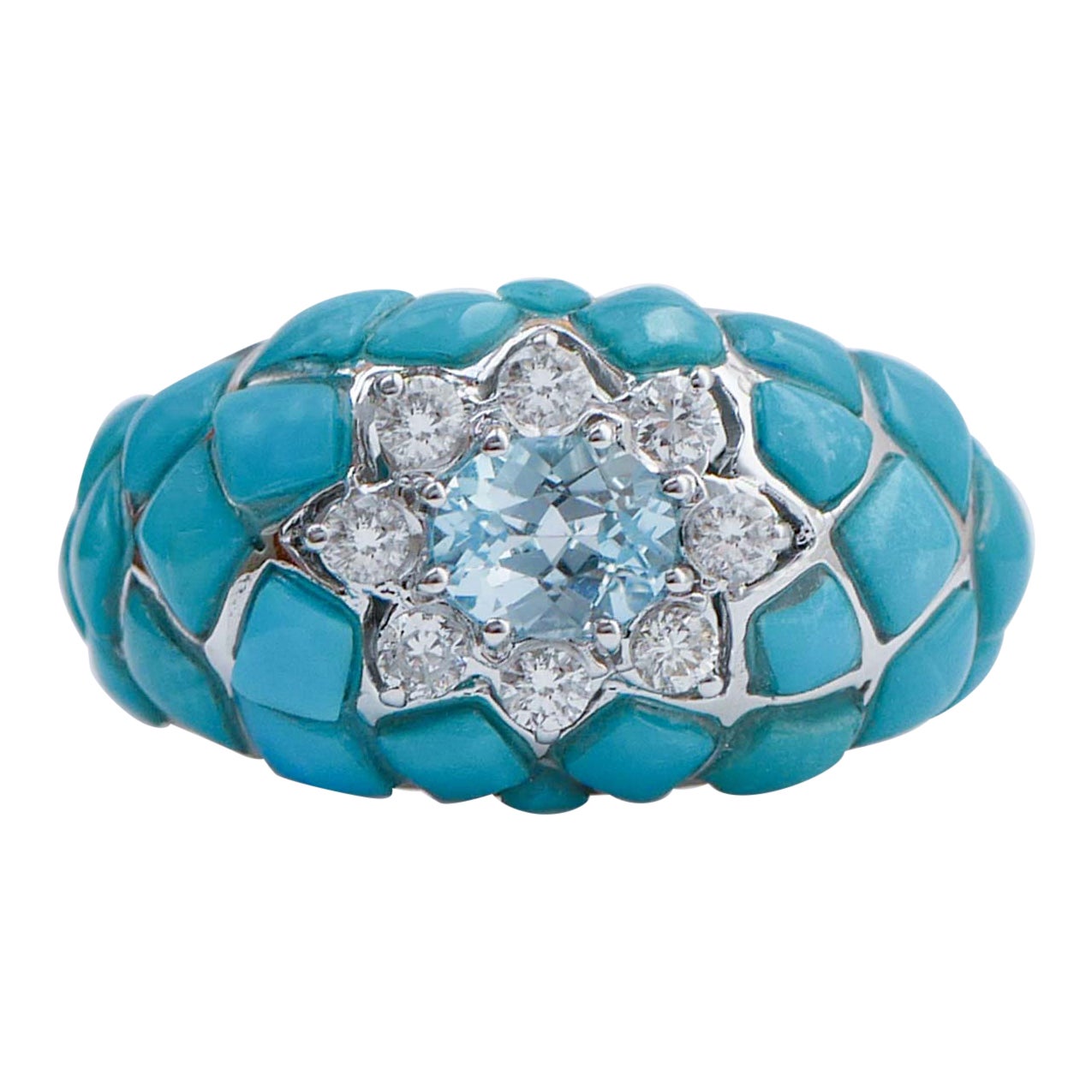 Aquamarine Colour Topaz, Diamonds, Turquoise, 18 Karat White Gold Ring. For Sale