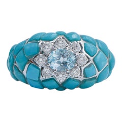 Vintage Aquamarine Colour Topaz, Diamonds, Turquoise, 18 Karat White Gold Ring.
