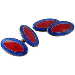 Champslevé Enamel Sterling Silver Rose Gold Plate Red and Blue Cufflinks