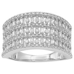 Bague d'anniversaire à plusieurs rangs en or blanc 14 carats avec diamants ronds et baguettes de 0,50 carat TJD