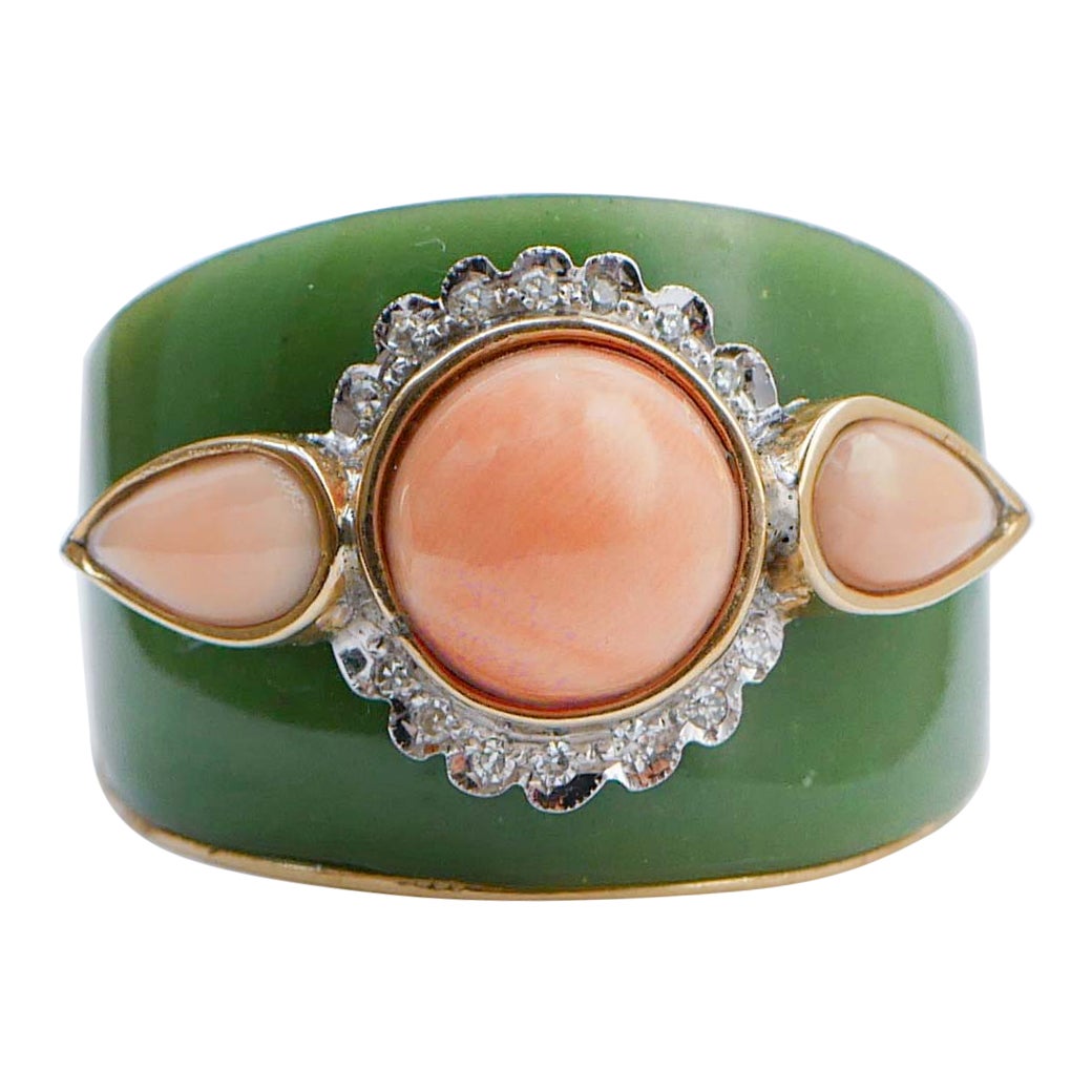 Coral,  Green Enamel, Diamonds, 14 Karat Rose Gold Ring. For Sale