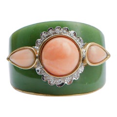 Vintage Coral,  Green Enamel, Diamonds, 14 Karat Rose Gold Ring.