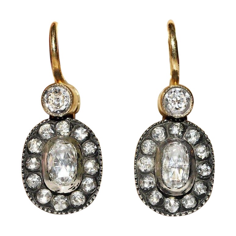 New Handmade 18k Gold Top Silver Natural Diamond Decorated Drop Earring For Sale