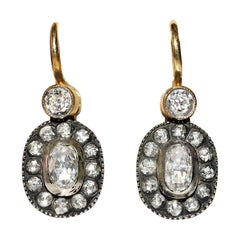 New Handmade 18k Gold Top Silver Natural Diamond Decorated Drop Earring