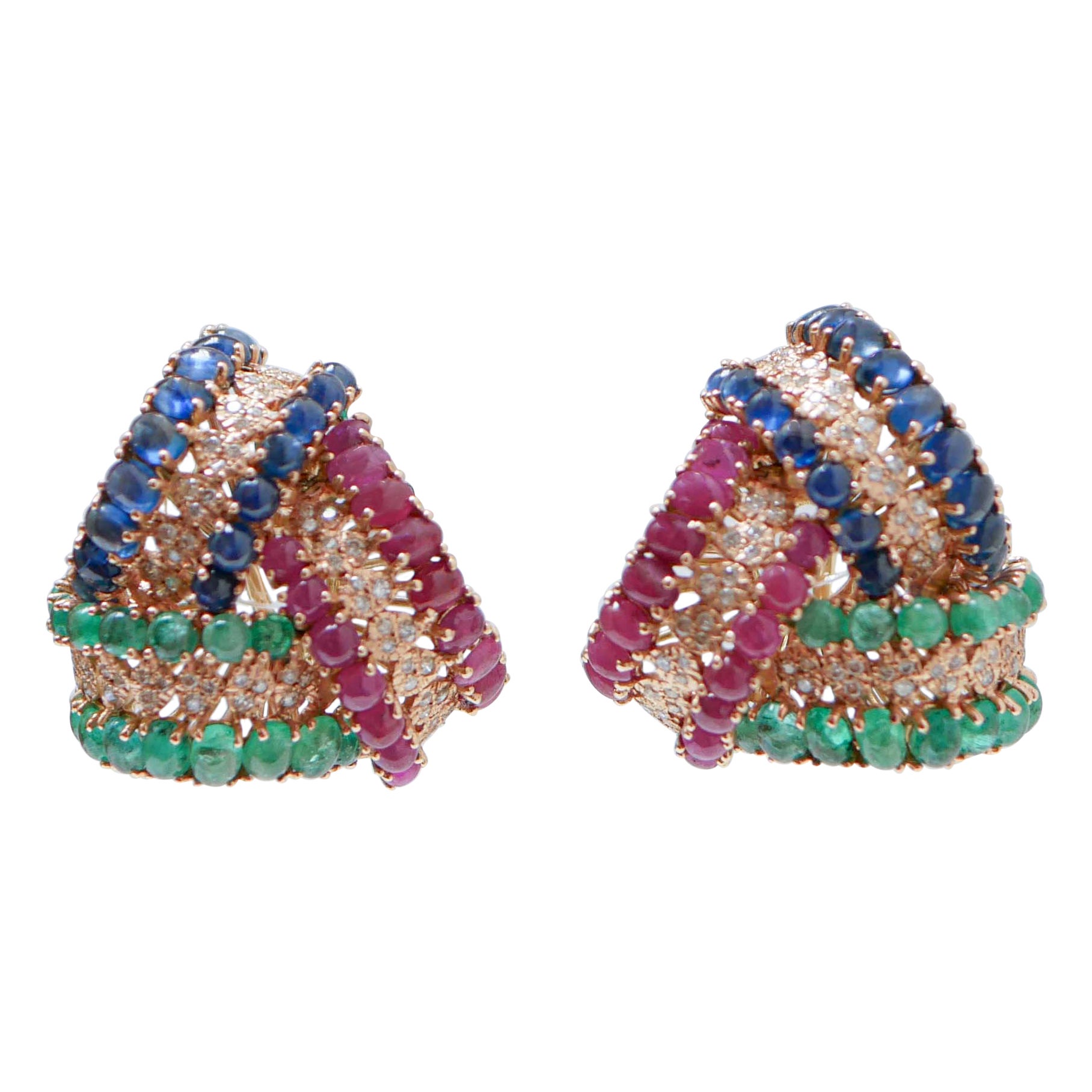 Emeralds, Rubies, Sapphires, Diamonds, 14 Karata Rose Gold Earrings. For Sale