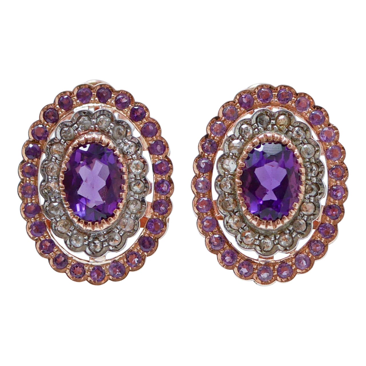 Amethysts, Diamonds, Rose Gold and Silver Earrings. For Sale