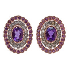 Retro Amethysts, Diamonds, Rose Gold and Silver Earrings.