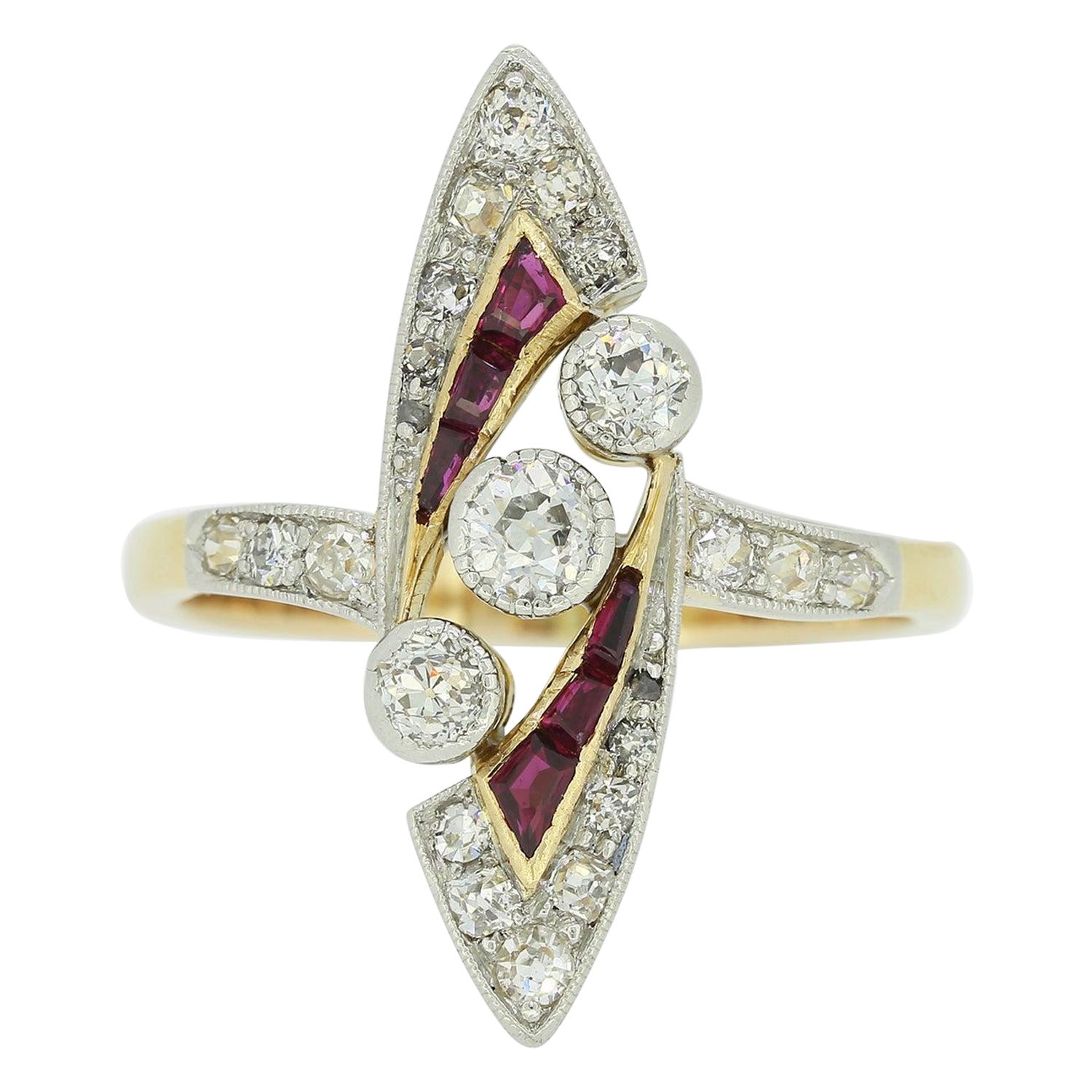 Art Deco Ruby and Old Cut Diamond Navette Ring For Sale