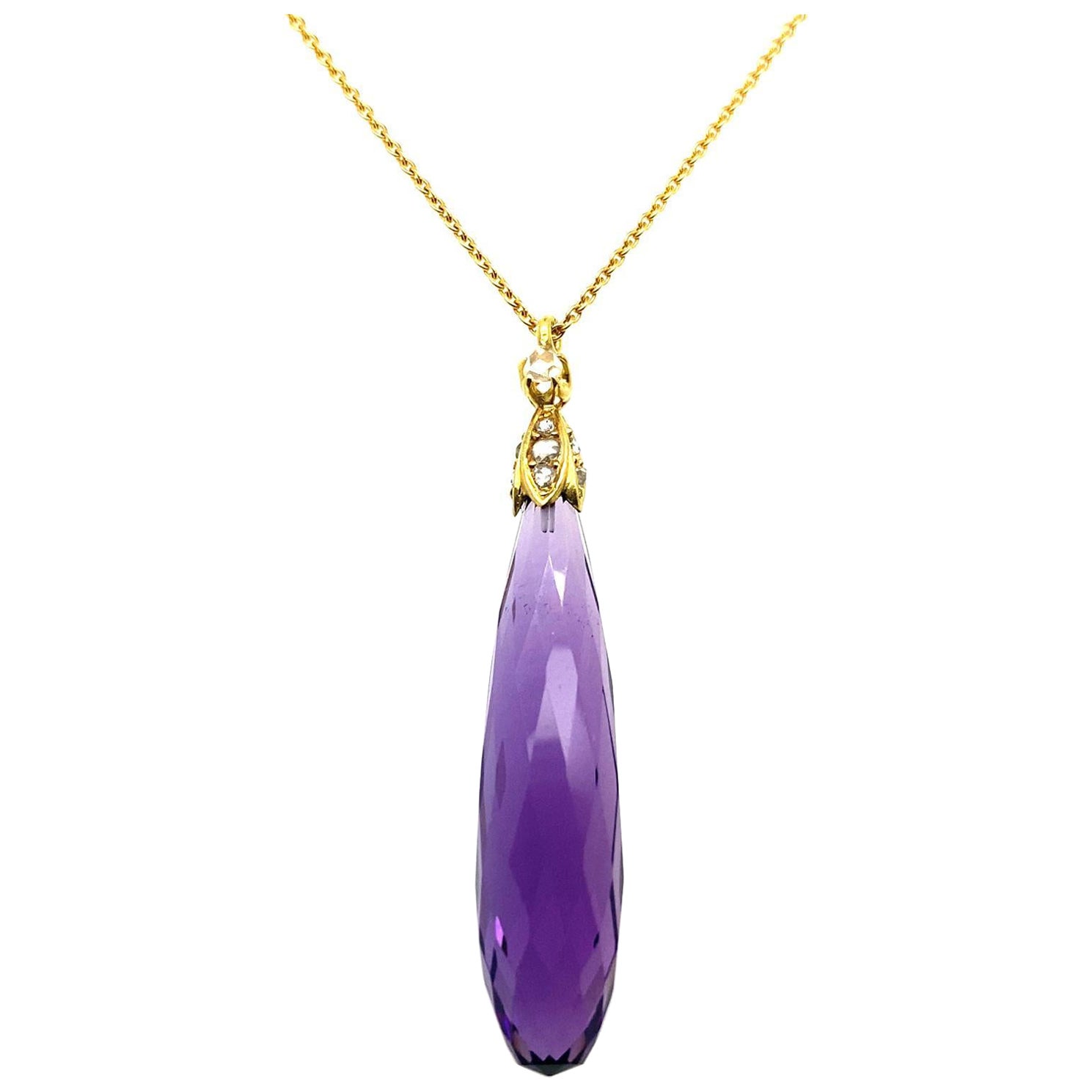 Vintage Amethyst and Diamond Drop Pendant 18 Karat Yellow Gold