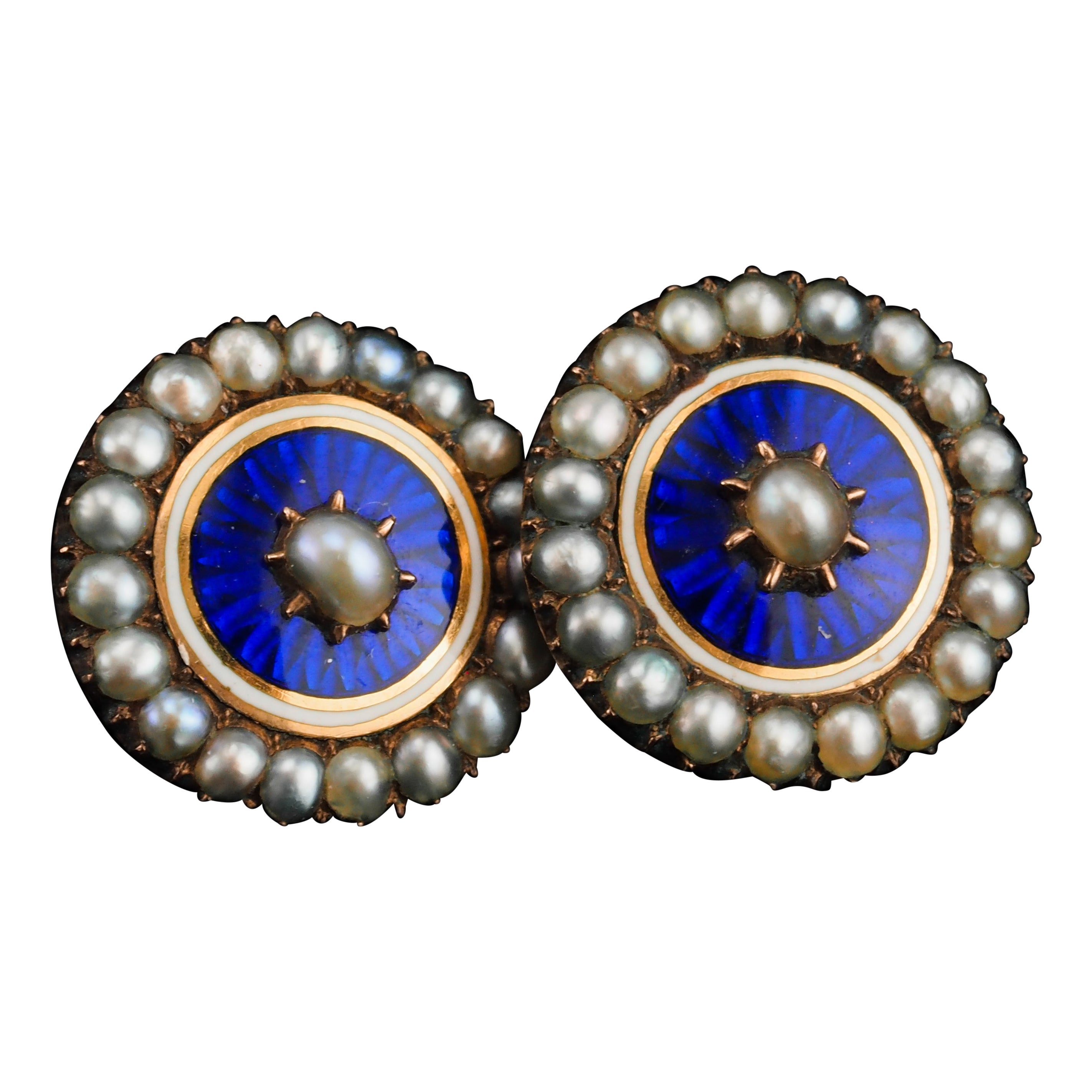 Antique Georgian Gold Earrings with Blue Enamel Guilloche Pearl Cluster c.1800 For Sale
