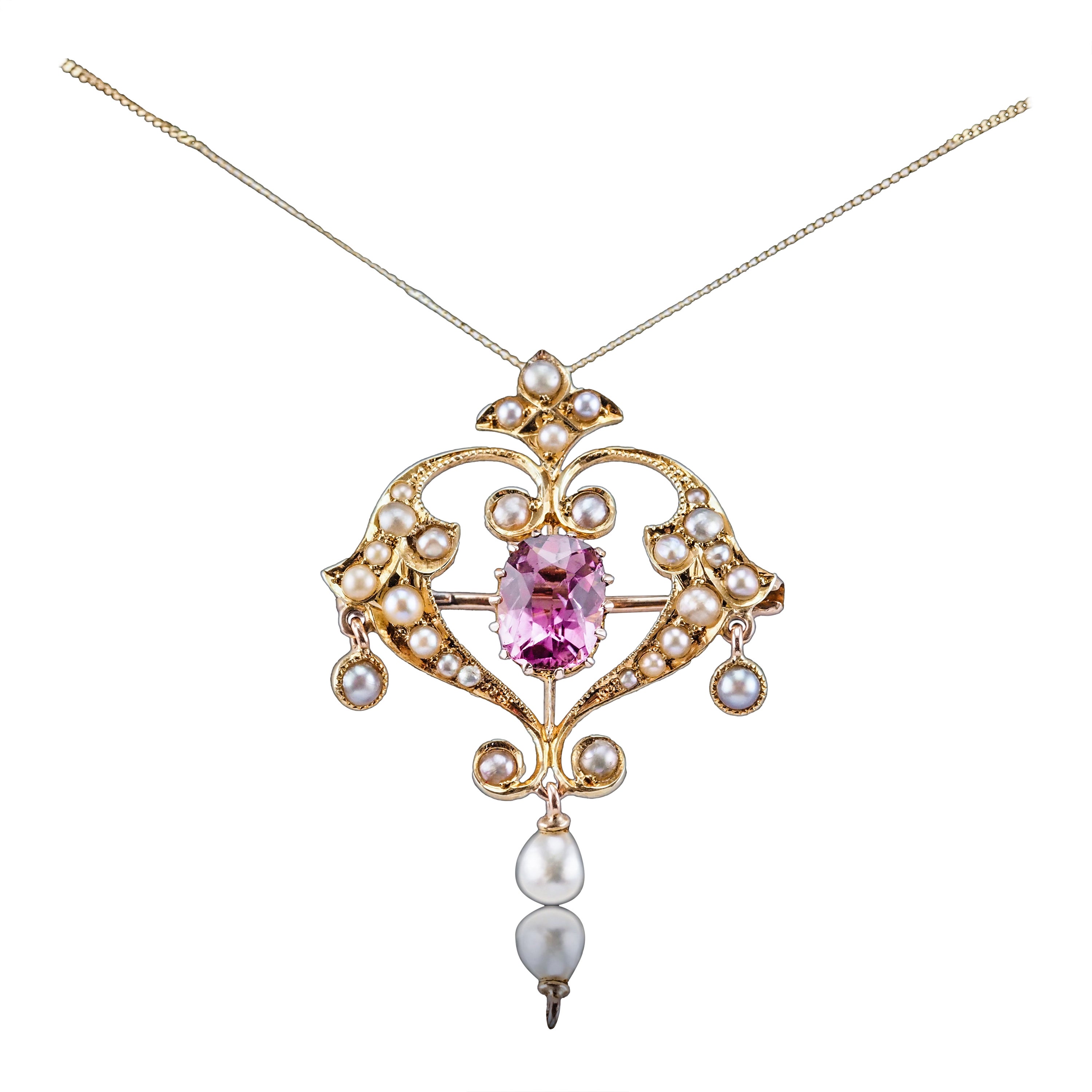 Antique Edwardian Pink Tourmaline & Seed Pearl 15K Gold Pendant Necklace - c.19 For Sale