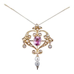 Antique Edwardian Pink Tourmaline & Seed Pearl 15K Gold Pendant Necklace - c.19