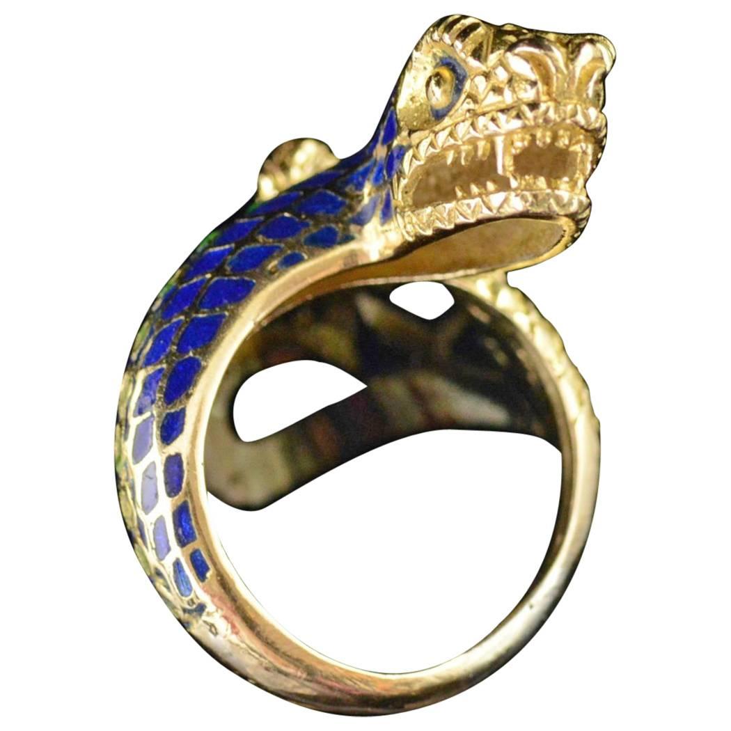 Detailed Blue and Green Enamel Gold Snake Ring