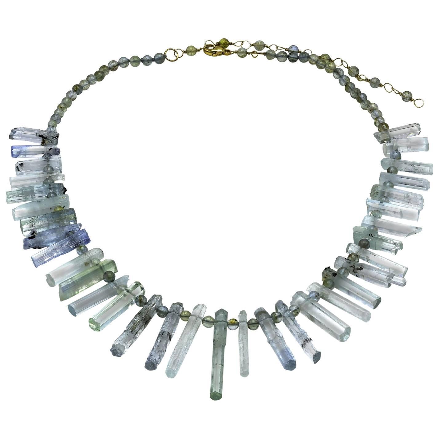 Raw Uncut Natural Aquamarine Crystal Wands Necklace For Sale
