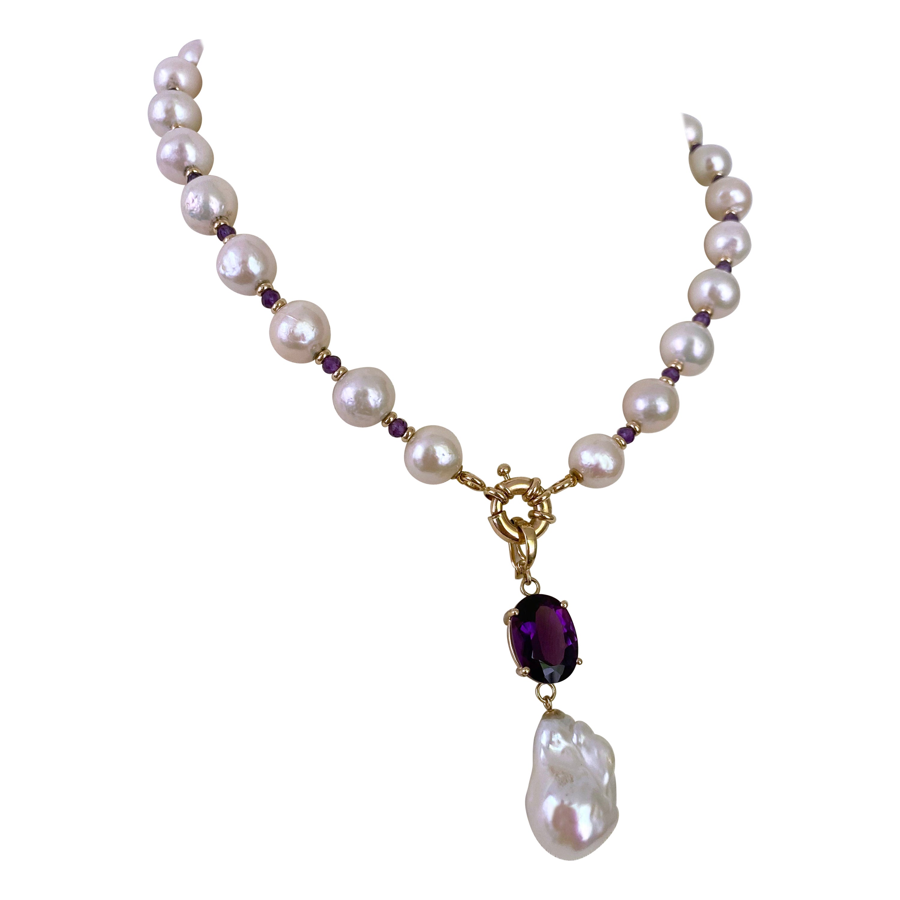 Marina J. Amethyst, Baroque Pearl & Solid 14k Yellow Gold Necklace For Sale