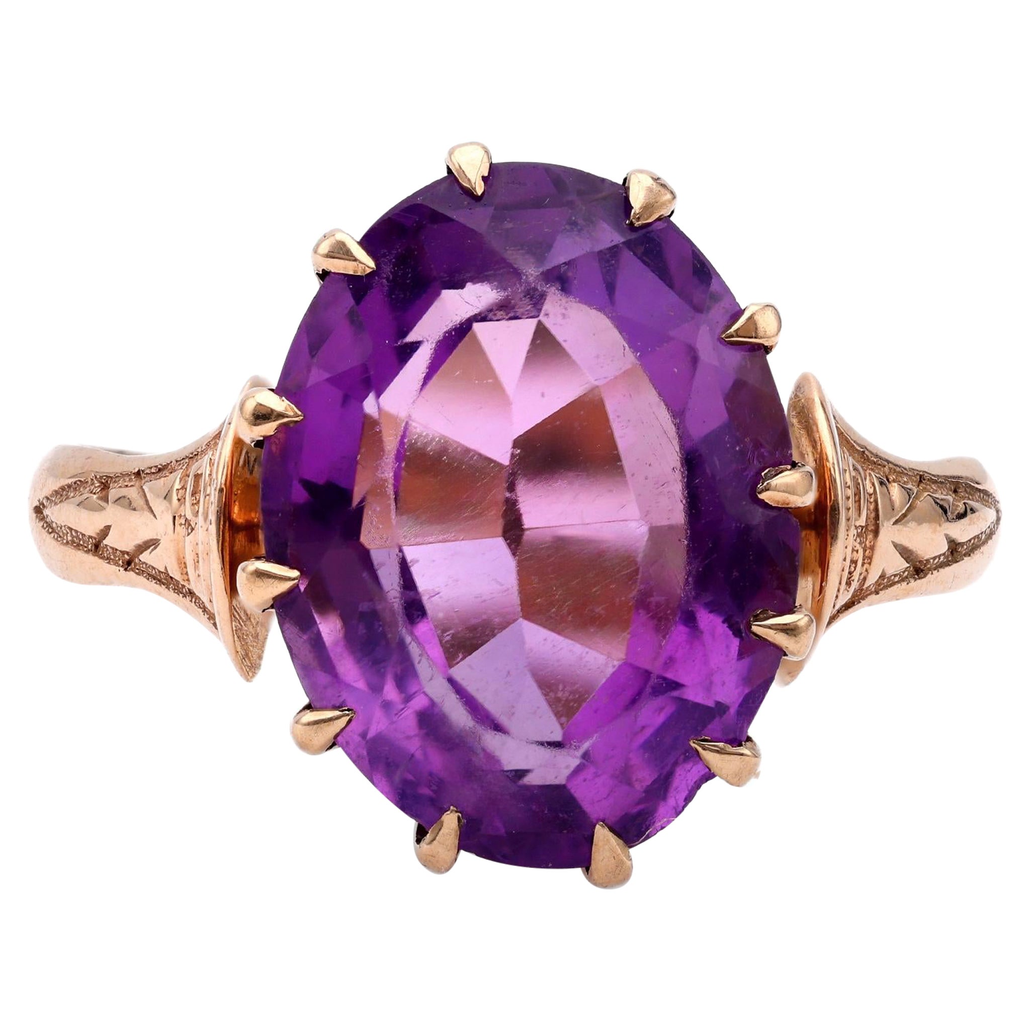 Victorian Amethyst 14k Rose Gold Solitaire Ring For Sale