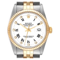 Rolex Montre Datejust en acier, or jaune, cadran blanc et diamants, vintage pour hommes 16013