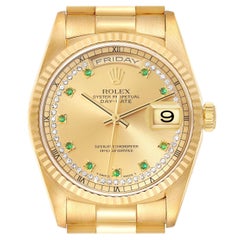 Rolex Day-Date President Yellow Gold String Diamond Emerald Mens Watch 18238