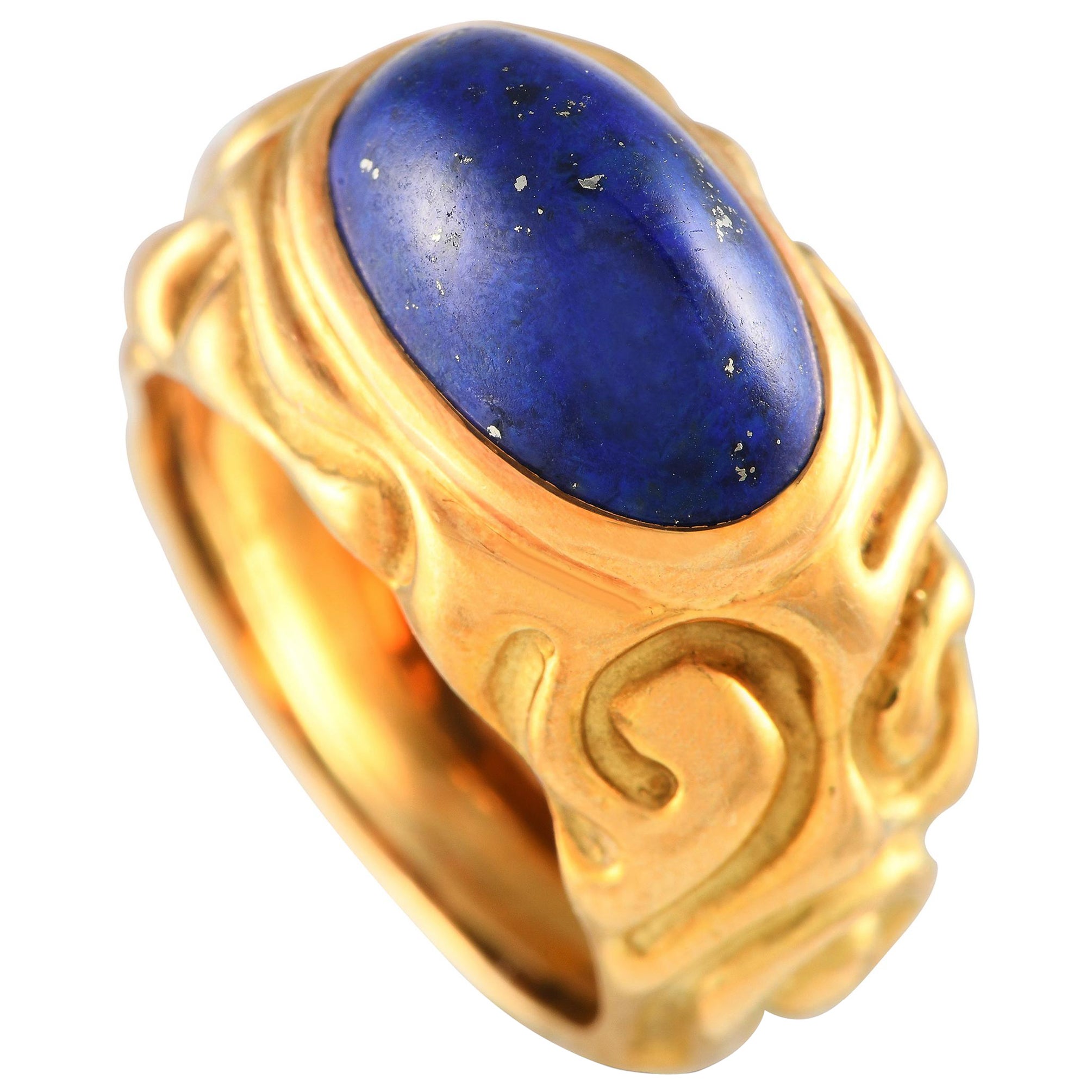 Elizabeth Gage 18K Yellow Gold Lapis Lazuli Carved Ring
