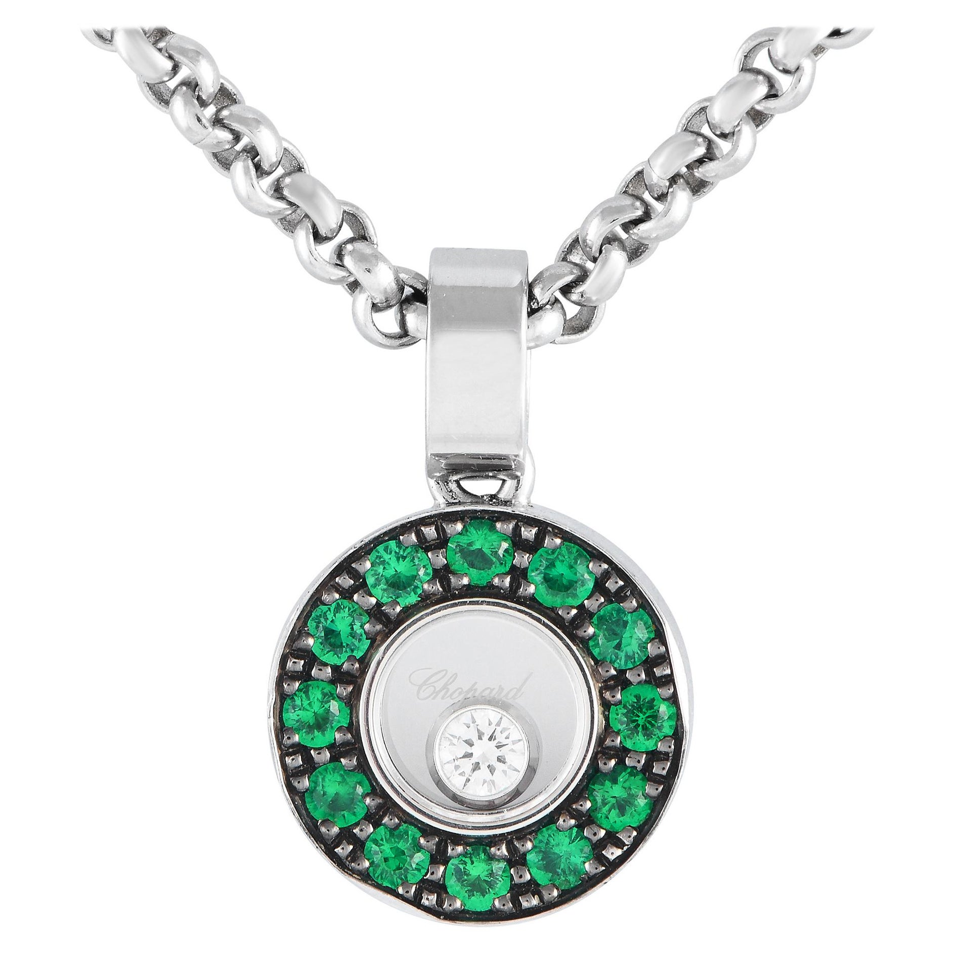 Chopard Happy Diamonds 18K White Gold Diamond and Emerald Necklace For Sale
