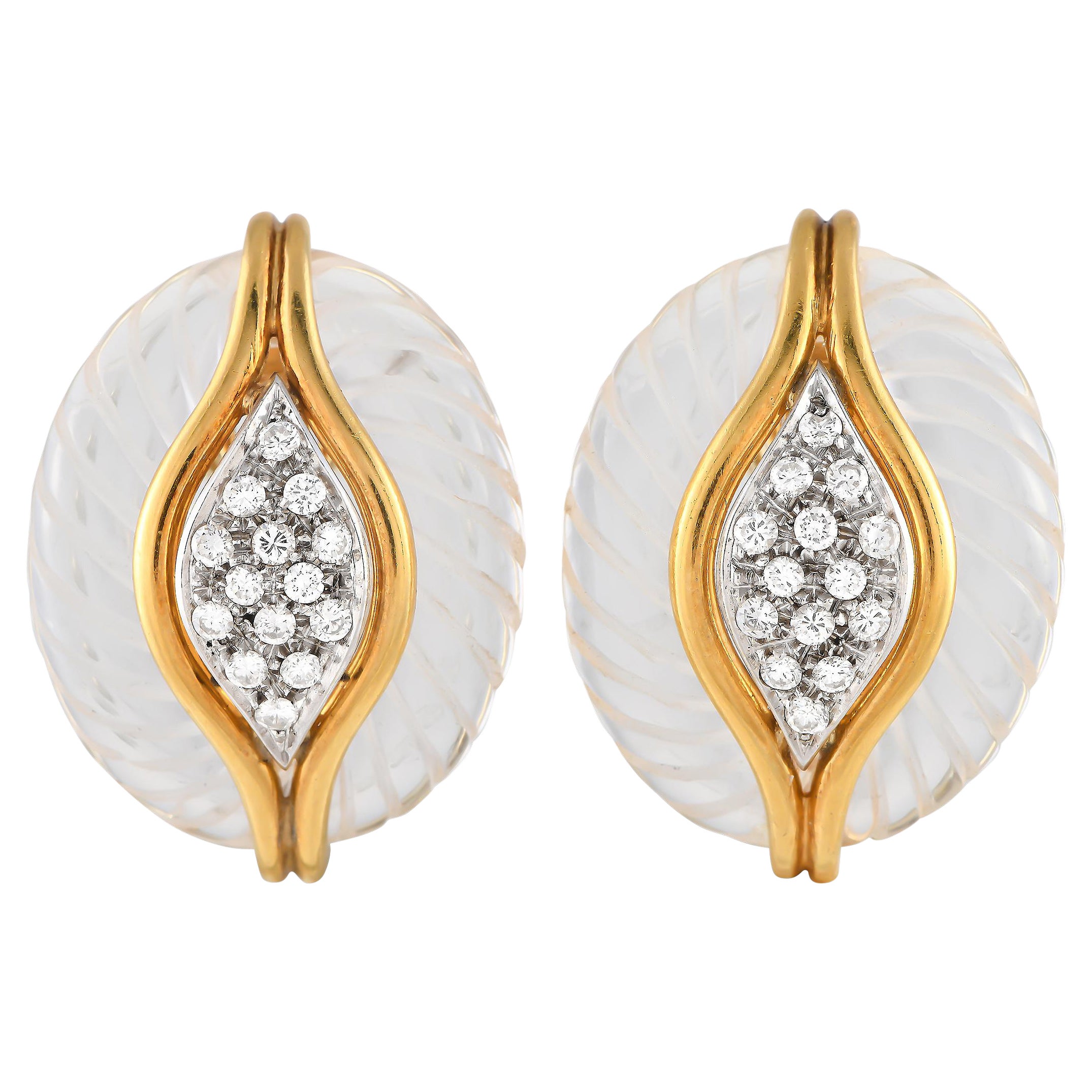 18K Yellow Gold 0.60ct Diamond and Carved Crystal Clip-On Earrings For Sale