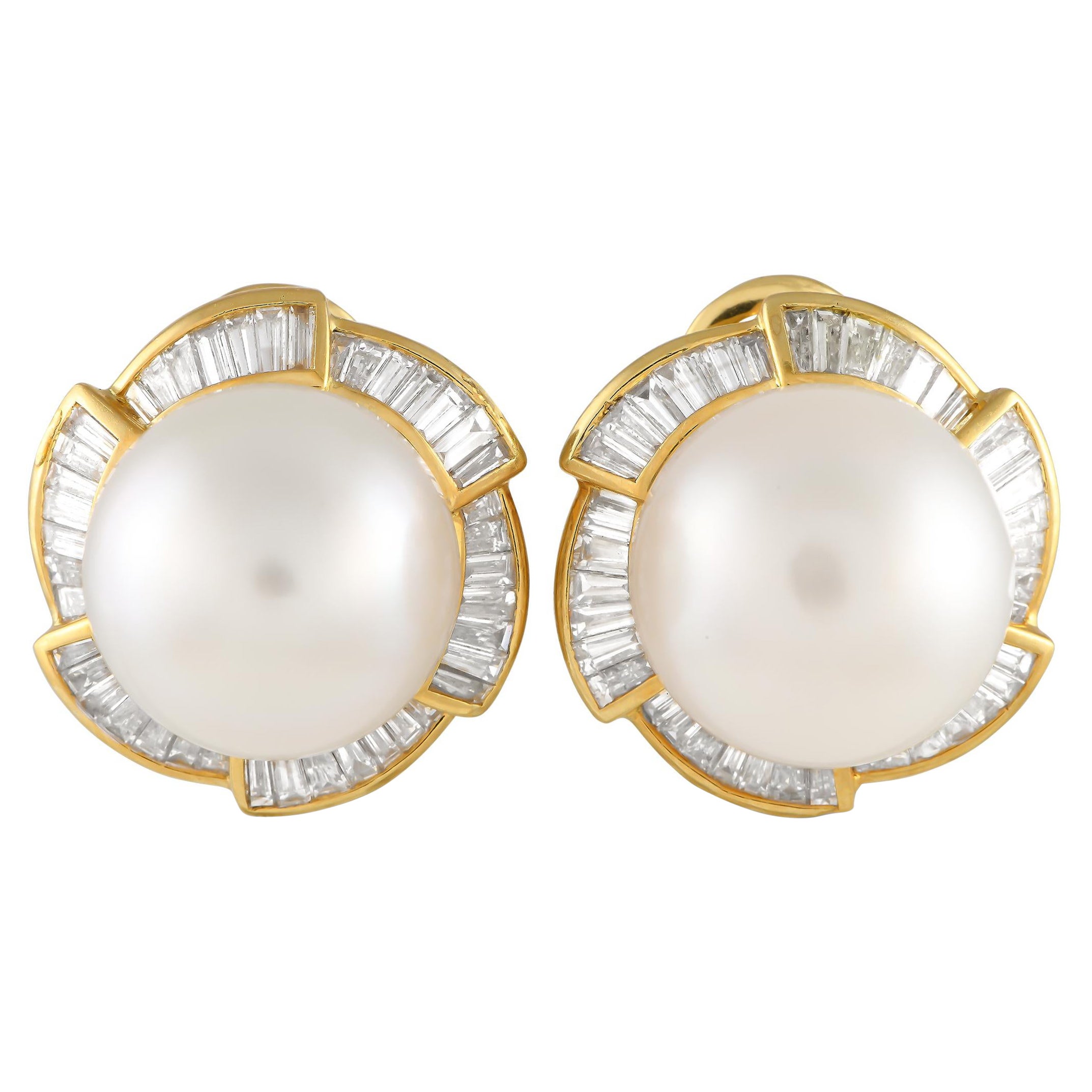 Boucles d'oreilles en or jaune 18K avec diamant et perle de 3,50ct