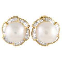 Boucles d'oreilles en or jaune 18K avec diamant et perle de 3,50ct