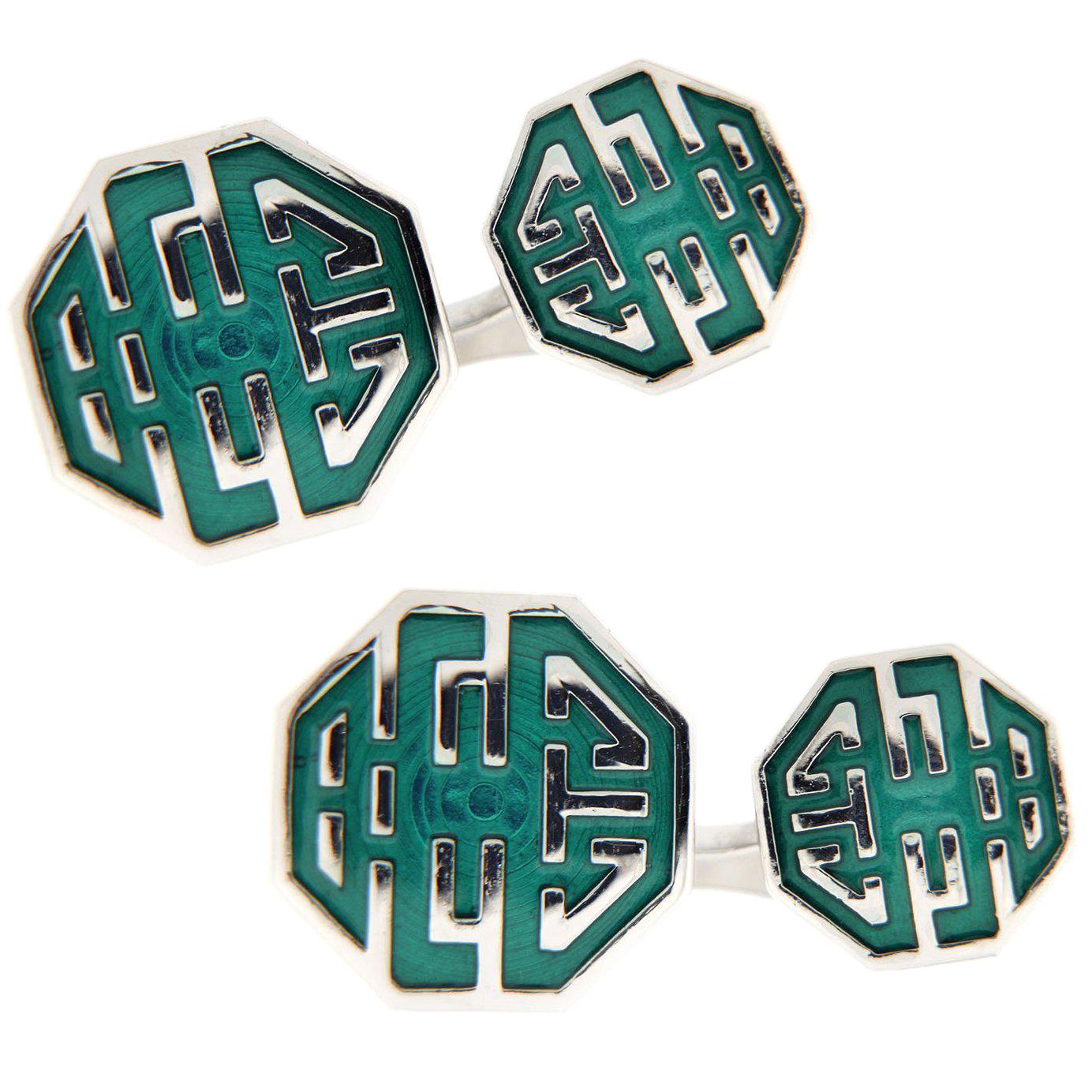 Jona Long and Happy Life Symbol Green Enamel Sterling Silver Cufflinks