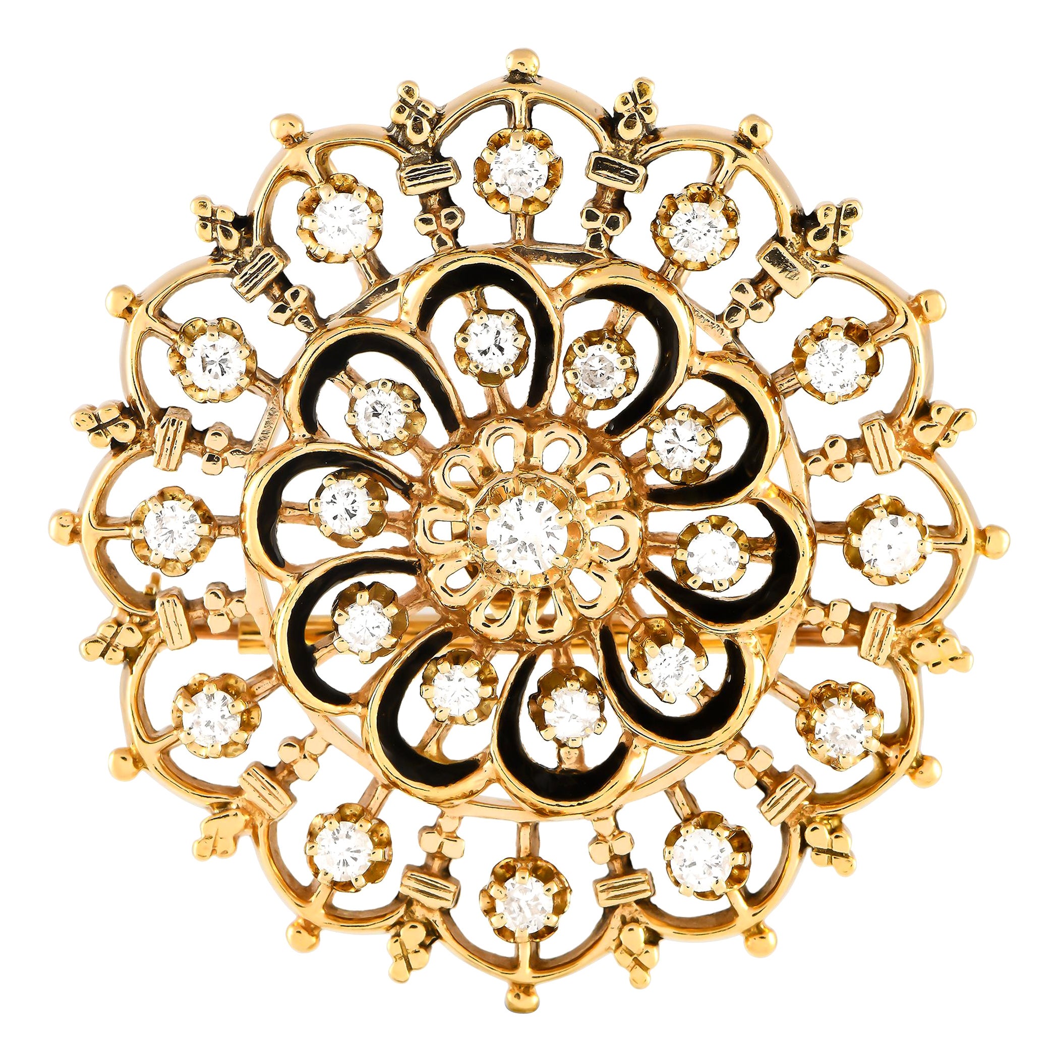 Broche/pendentif vintage en or jaune 14 carats émaillée de diamants 1,70 carat