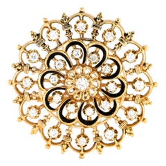 Broche/pendentif vintage en or jaune 14 carats émaillée de diamants 1,70 carat