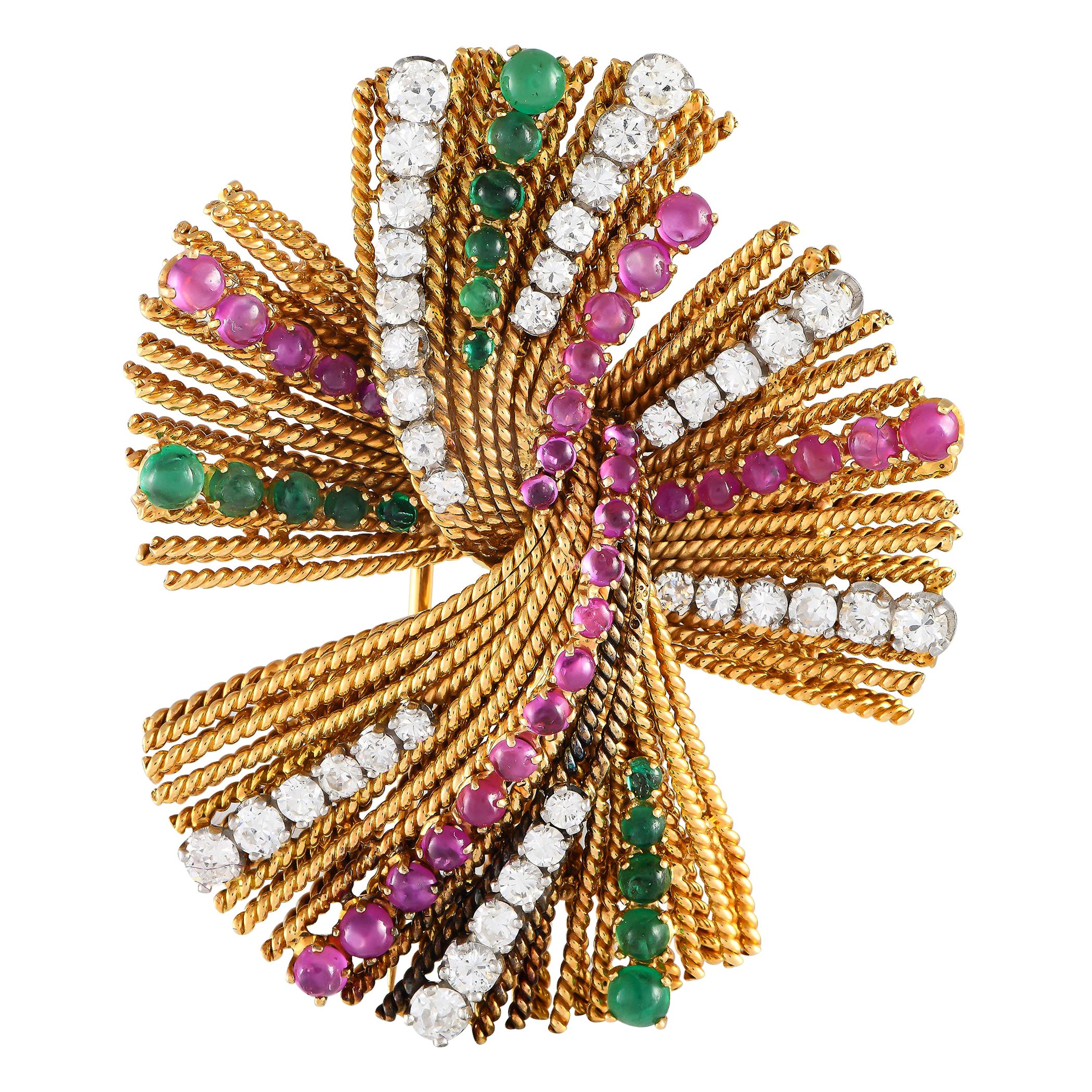 18K Yellow Gold 2.50ct Diamond, Ruby, and Emerald Brooch For Sale