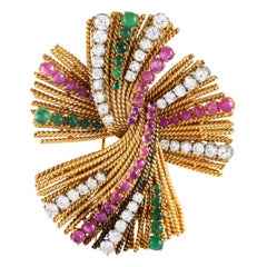 18K Yellow Gold 2.50ct Diamond, Ruby, and Emerald Brooch