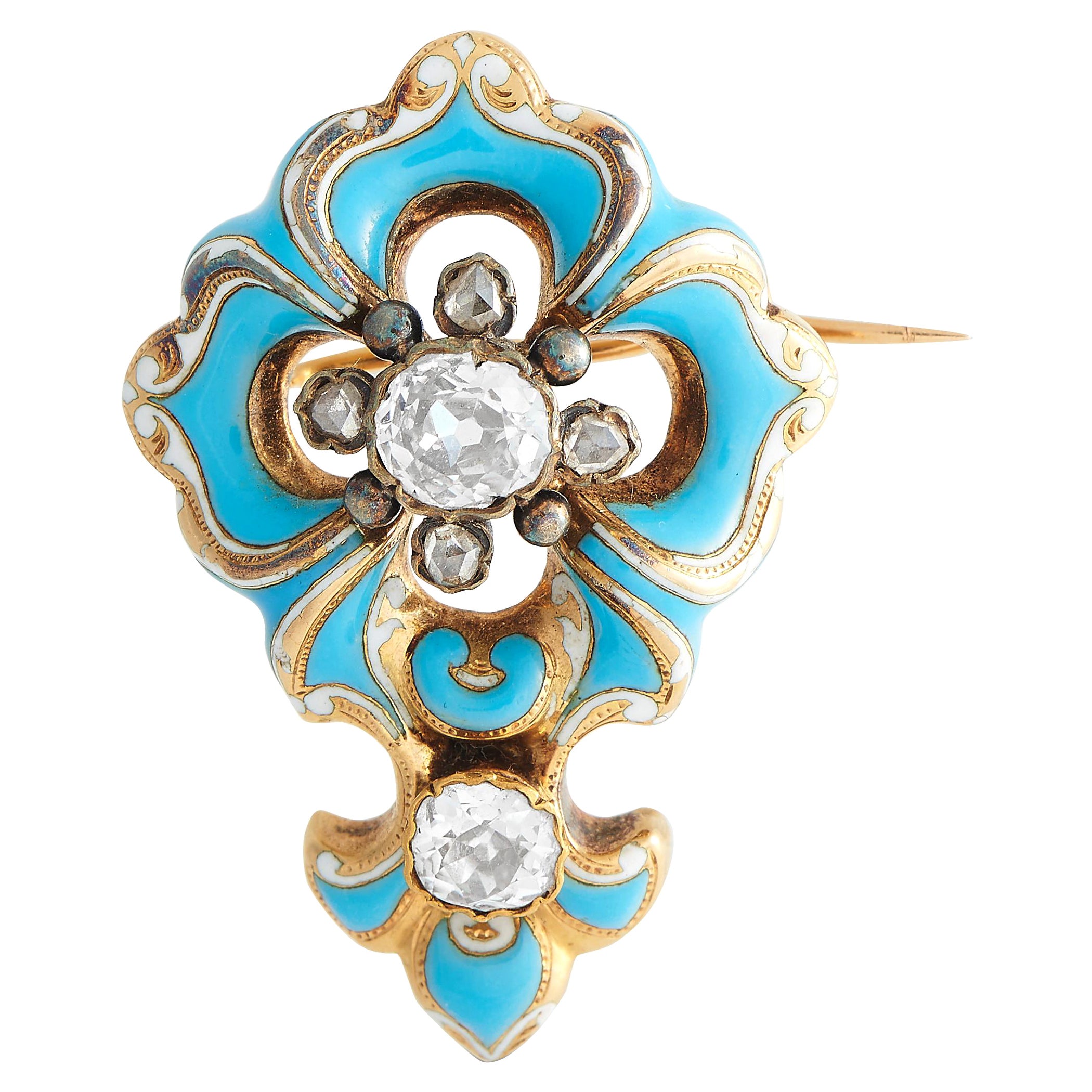 18K Yellow Gold and Silver 1.60ct Diamond Enamel Brooch For Sale