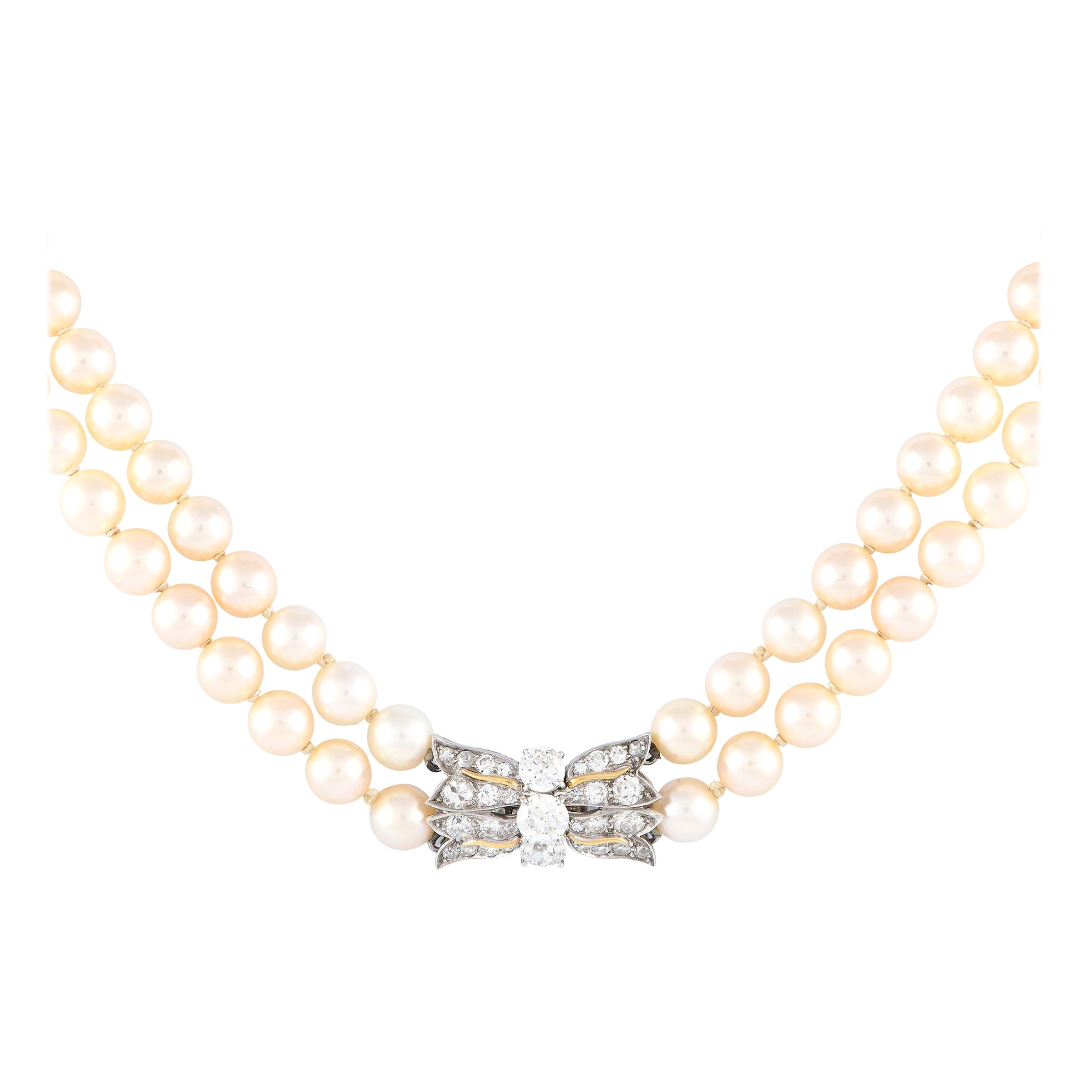 Collier double en or blanc 18 carats avec diamants et perles de 1,50 carats
