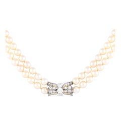 Collar de oro blanco de 18 quilates con doble cadena de diamantes y perlas de 1,50 ct