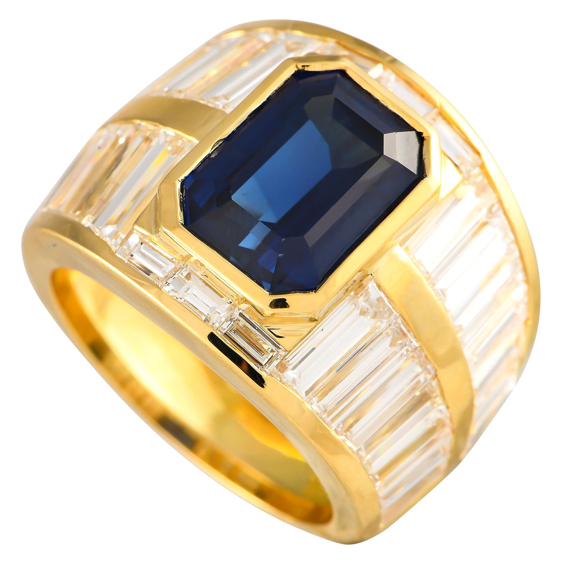 18K Yellow Gold 4.95ct Diamond and Blue Sapphire Ring For Sale