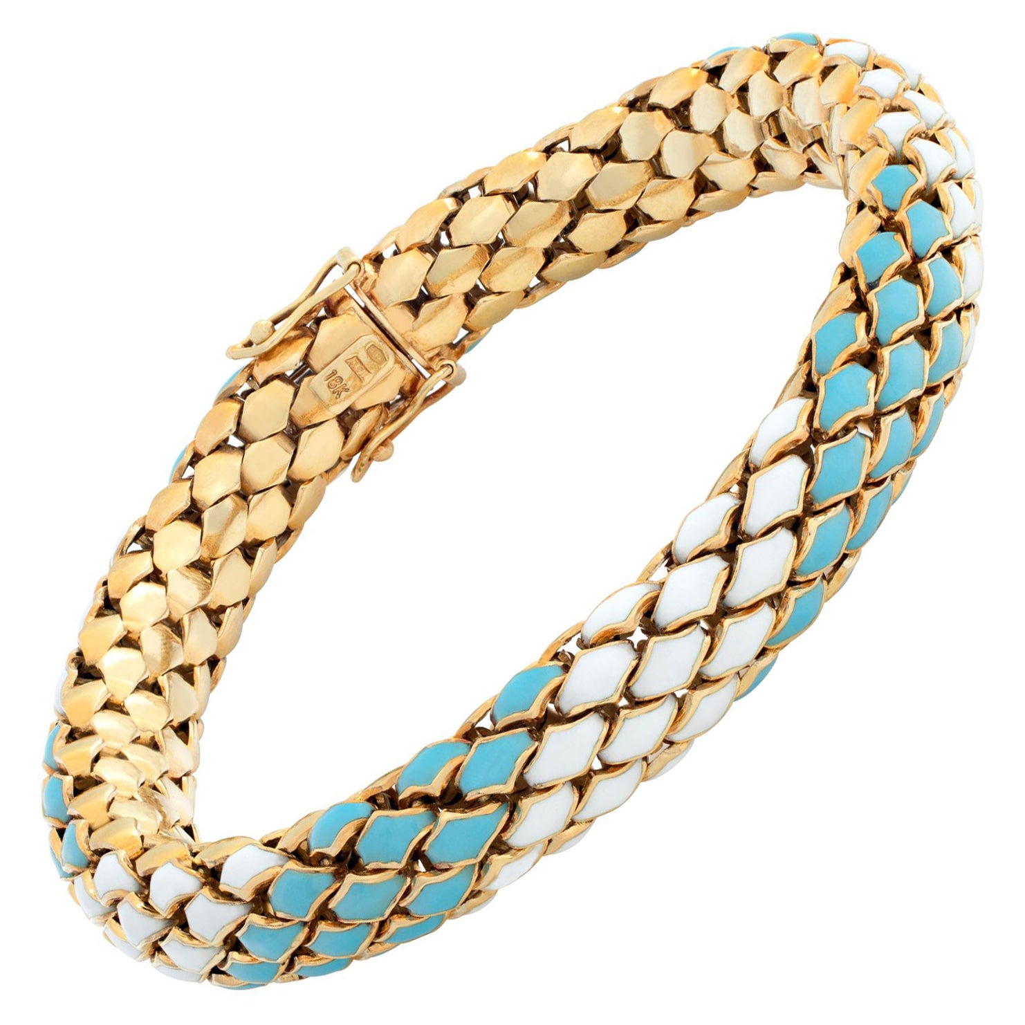 "Snake Scale" Blue & White Enamel 18k Yellow Gold Bracelet For Sale
