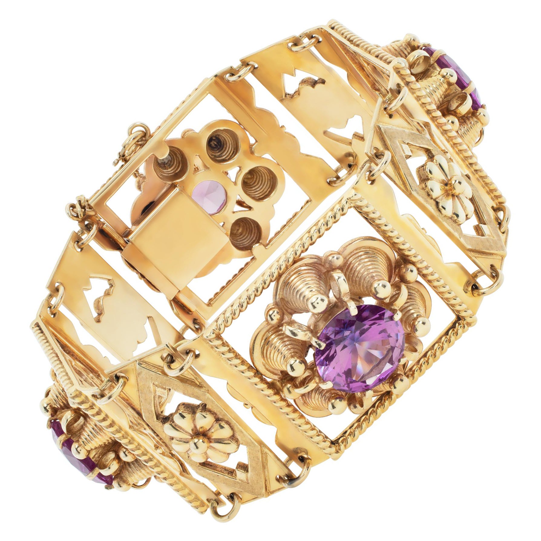 Bracelet d'inspiration victorienne en or jaune 14 carats avec quatre pierres roses