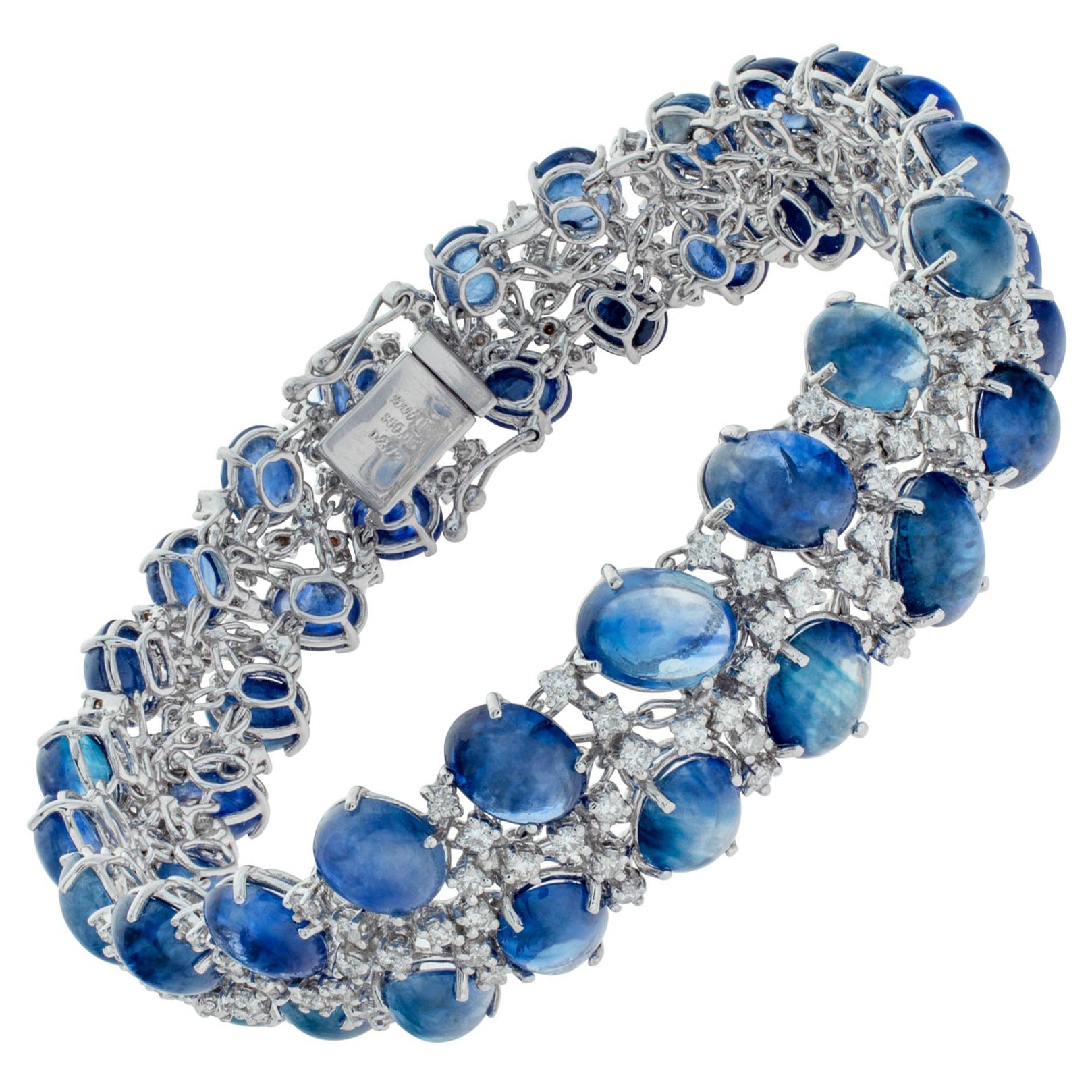 Cabochon Sapphire & diamond 18k white gold line bracelet For Sale