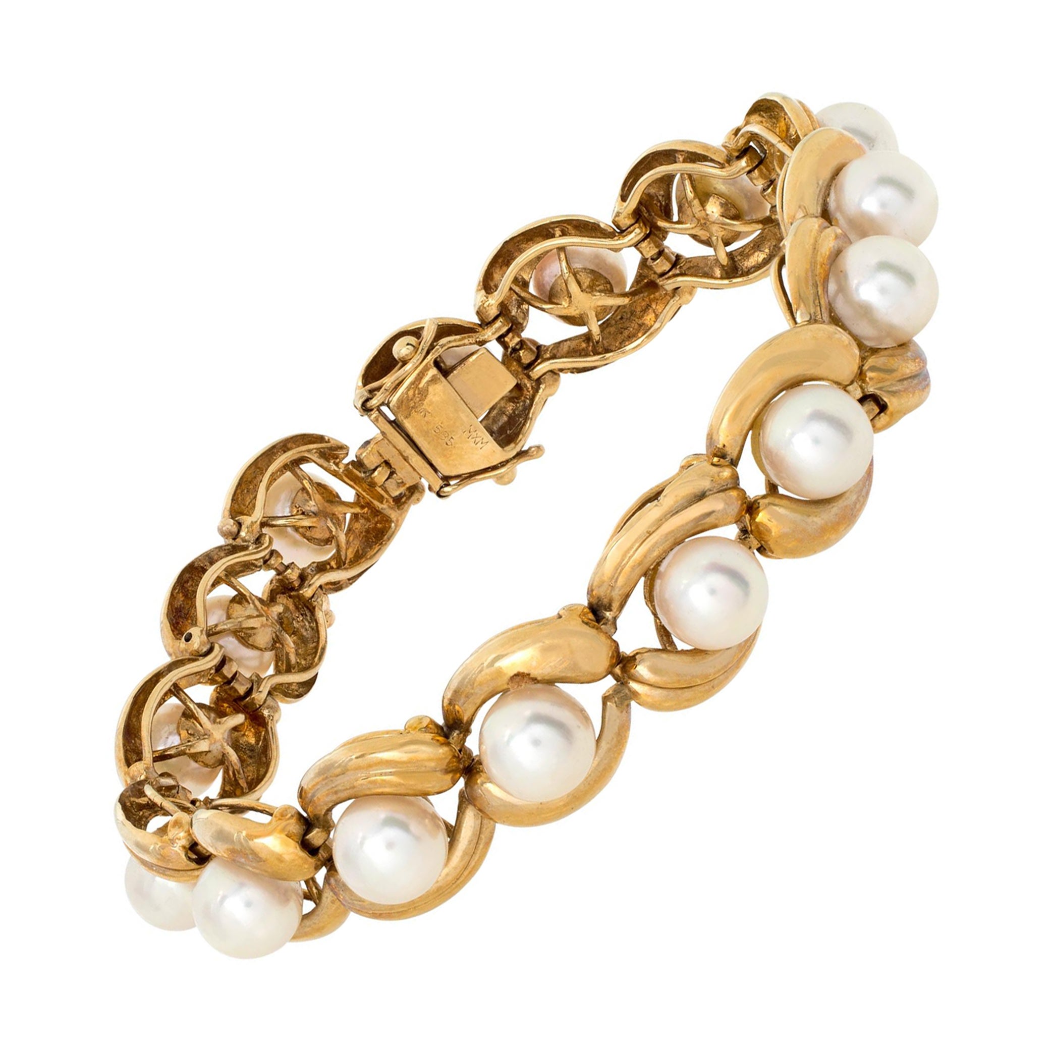 Silver and rose gold overtone Pearl 14k Yellow Gold Bracelet  For Sale