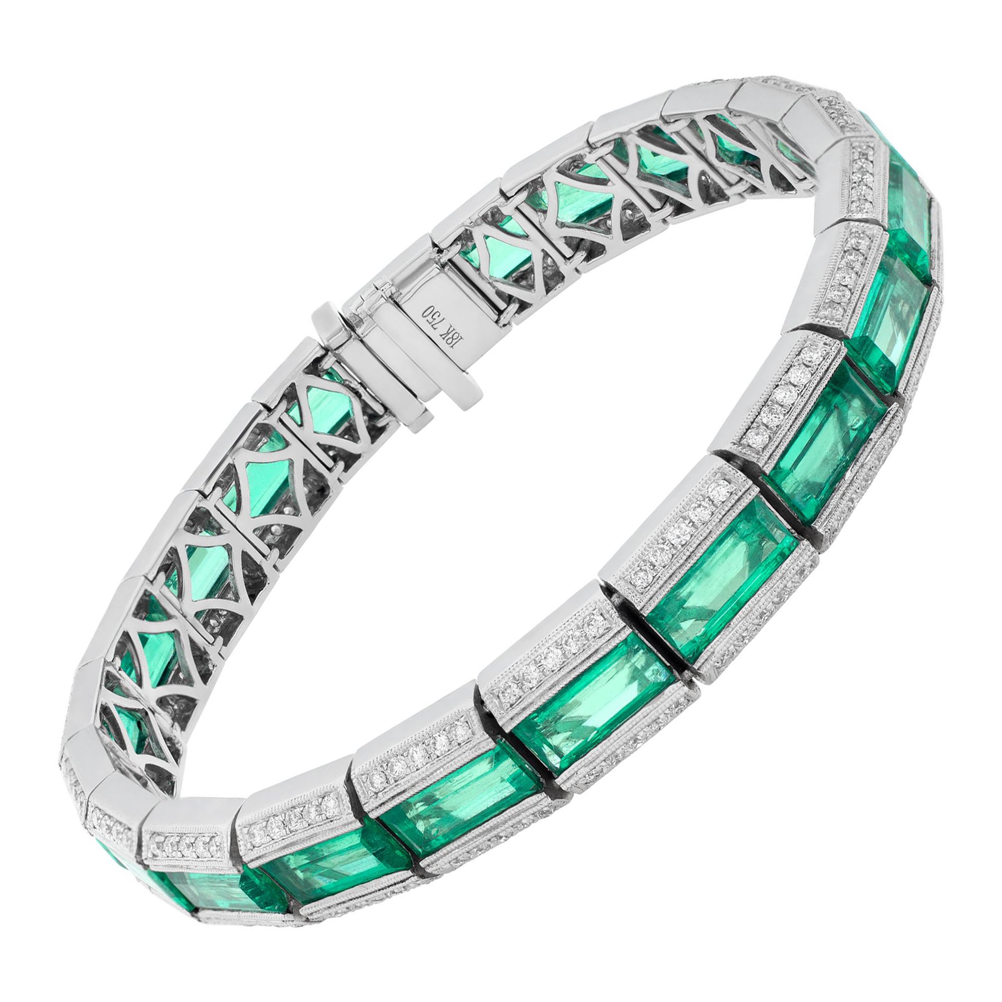 Columbian emerald and diamond 18k white gold line bracelet 