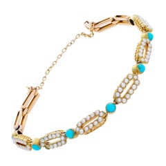 English Victorian era C.1880 antique gold link bracelet w/ cabochon turquoise