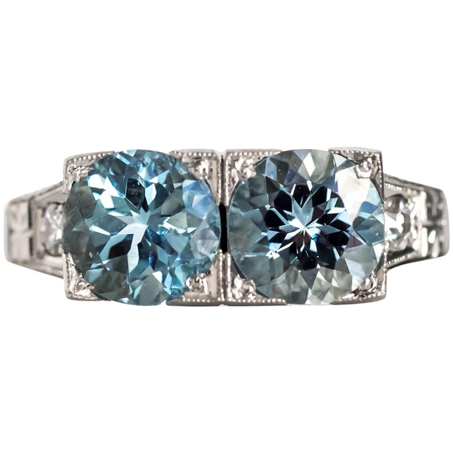 1930s Art Deco Platinum London Blue Topaz and Diamond Engagement Ring For Sale