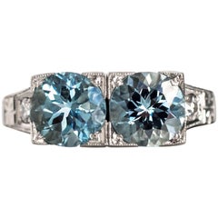 Retro 1930s Art Deco Platinum London Blue Topaz and Diamond Engagement Ring