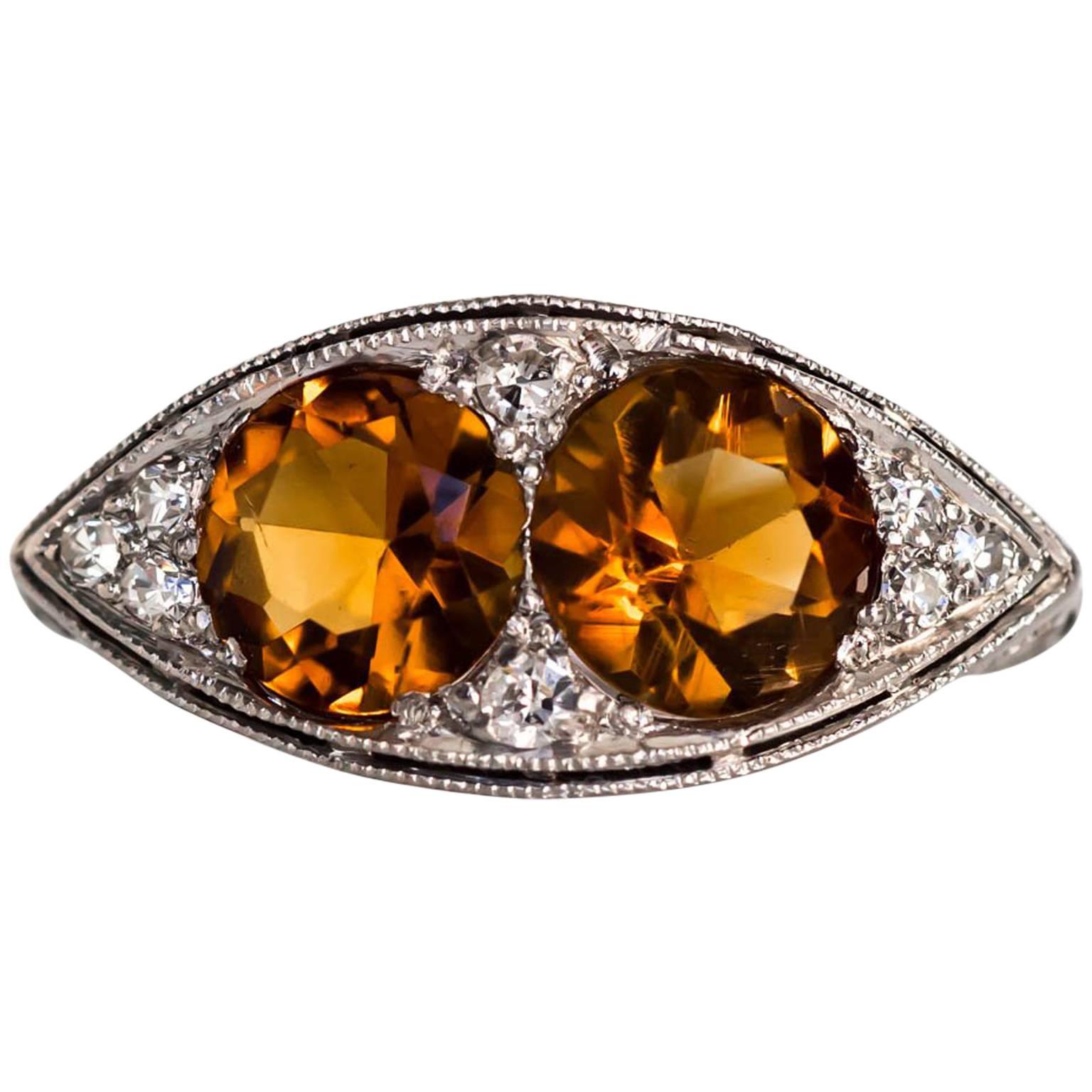 1910 Edwardian Platinum Navette Shape Two-Stone Citrine and Diamond Ring