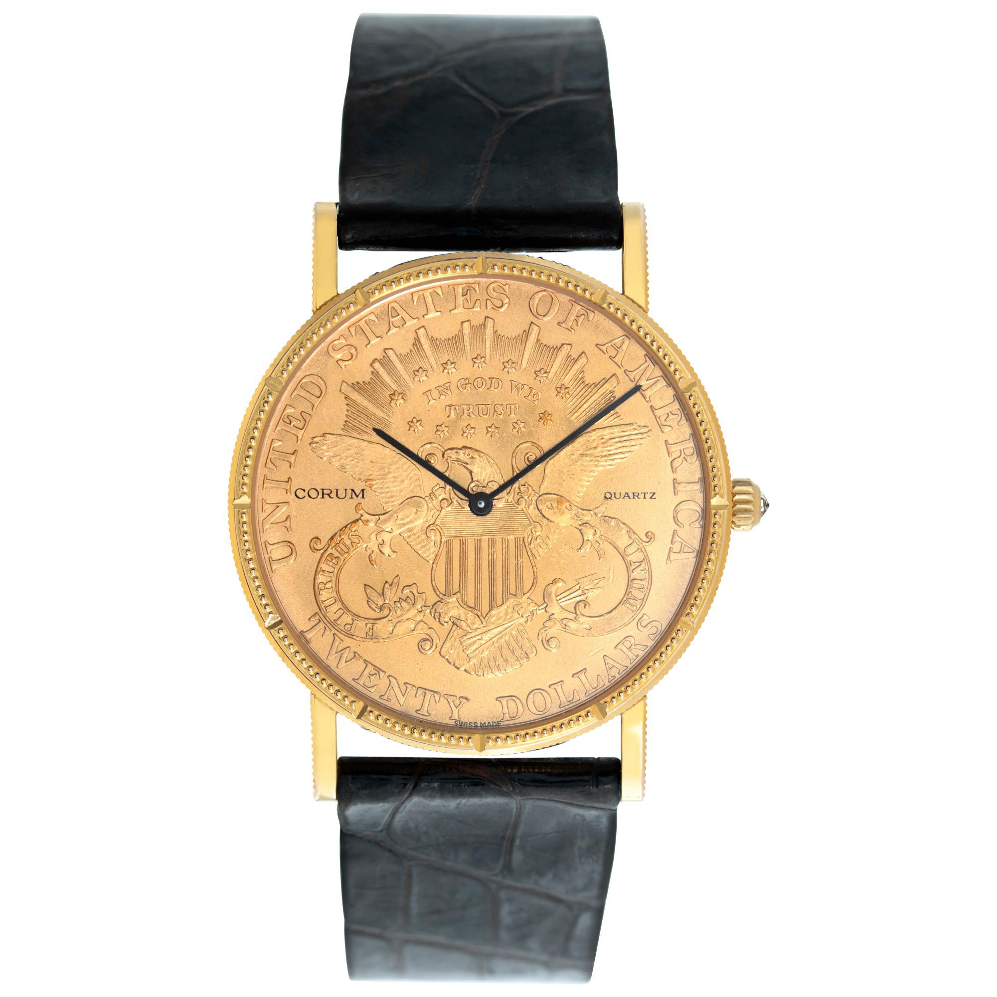 Corum $20 gold piece 18k yellow gold Quartz Wristwatch Ref 1896 For Sale