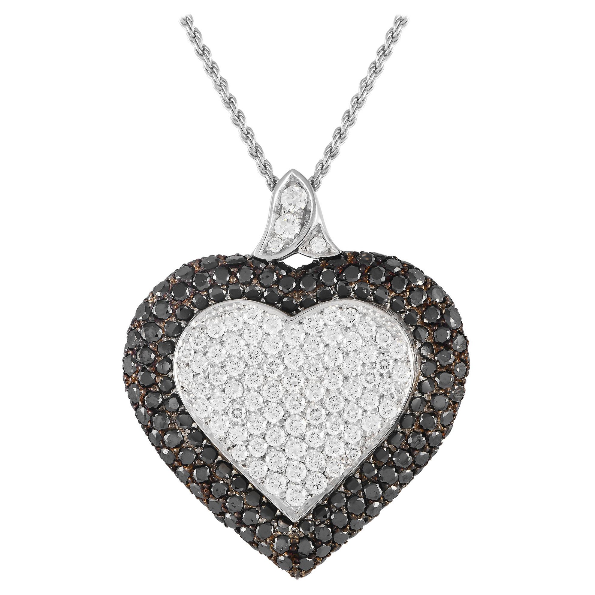 Graff 18K White Gold  6.05ct White and Black Diamond Pave Heart Necklace For Sale
