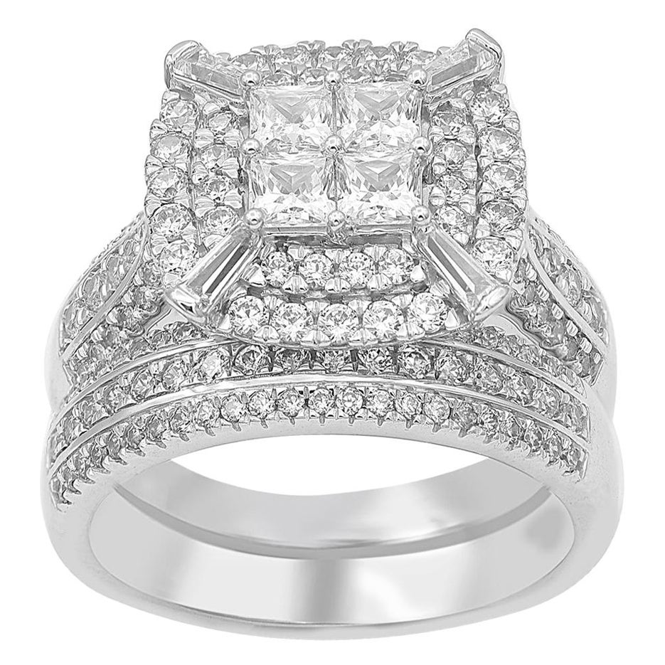 TJD 2Carat Round & Princess Cut Diamond 14K White Gold Stackable Bridal Set Ring