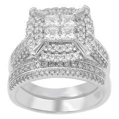 TJD 2Carat Round & Princesse Cut Diamond 14K White Gold Stackable Bridal Set Ring (Bague de mariage empilable en or blanc 14K)